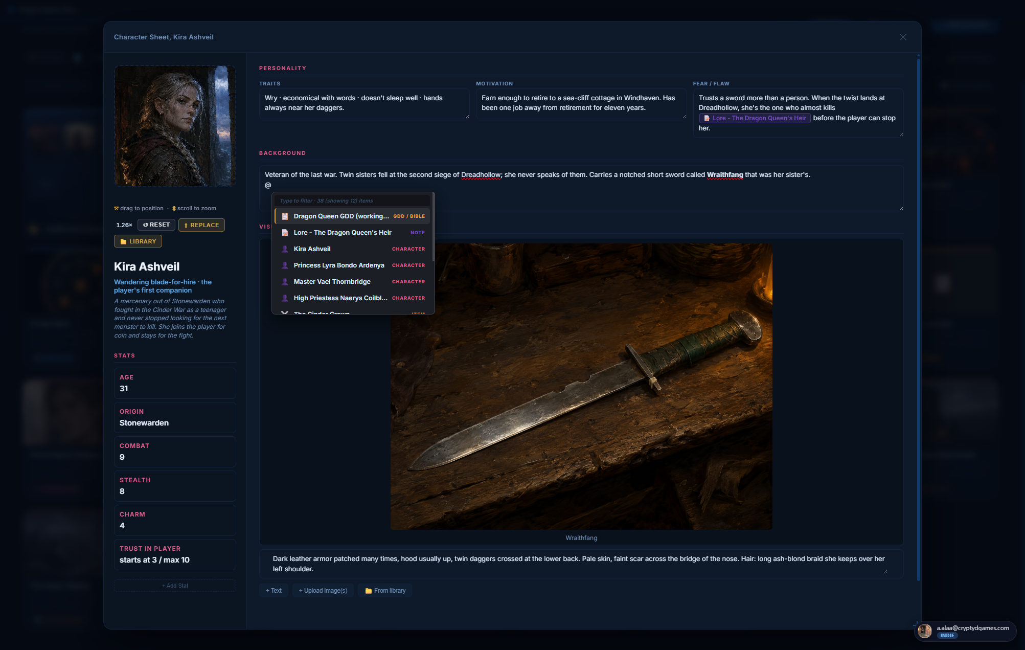 @-mention picker open inside a text field after typing the @ symbol. A floating dropdown lists every item in the project grouped by type (Characters, Environments, Items, Quests, Levels, GDDs), each row showing a small icon, the title, and a short subtitle. The currently focused row is highlighted.