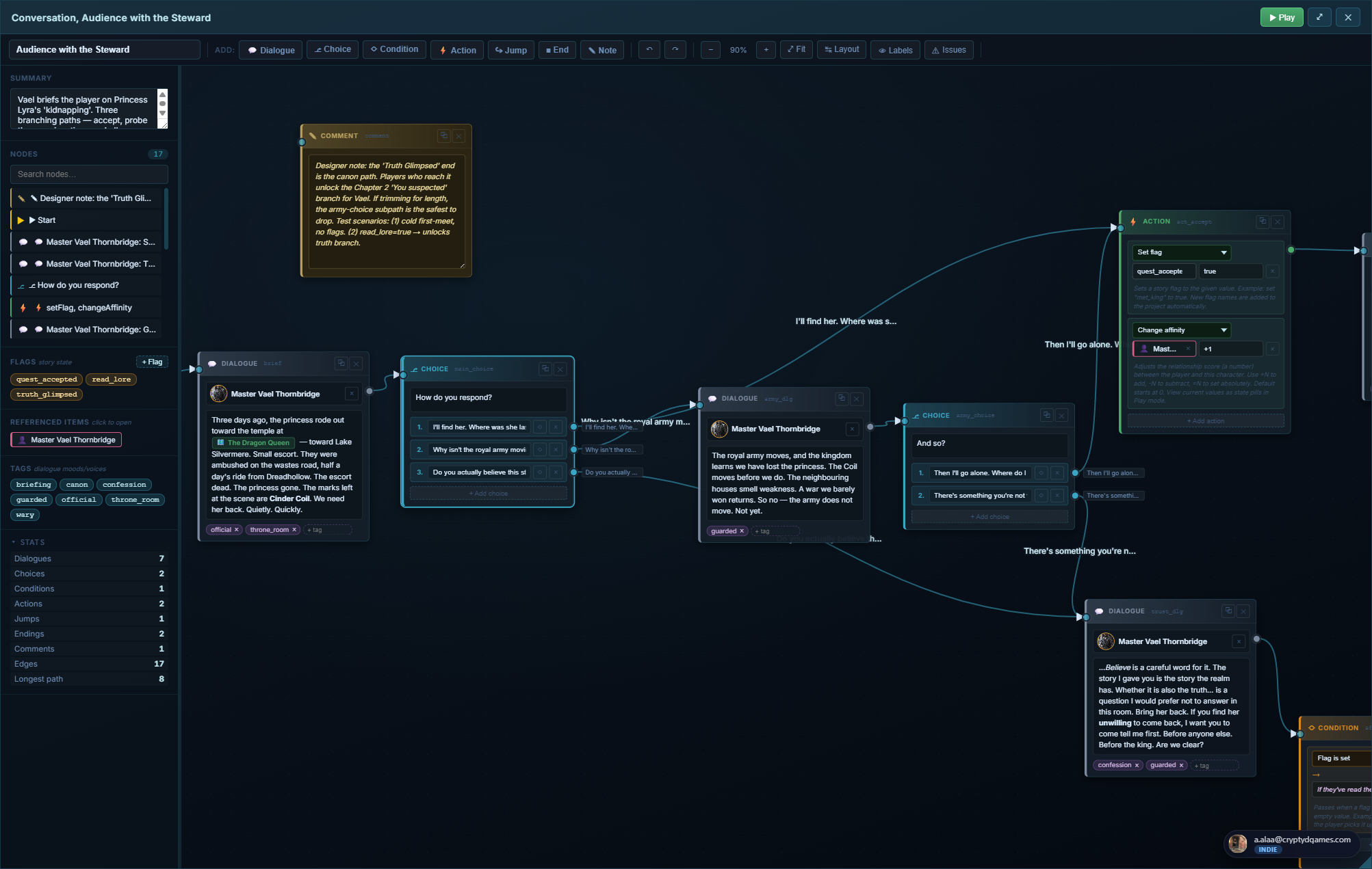 Conversation editor open on a multi-branch dialogue. A Start node connects to a line node spoken by Lyra, which fans out into three choice nodes; each choice points to a separate follow-up line. Speakers are shown as small portrait chips on each line node.