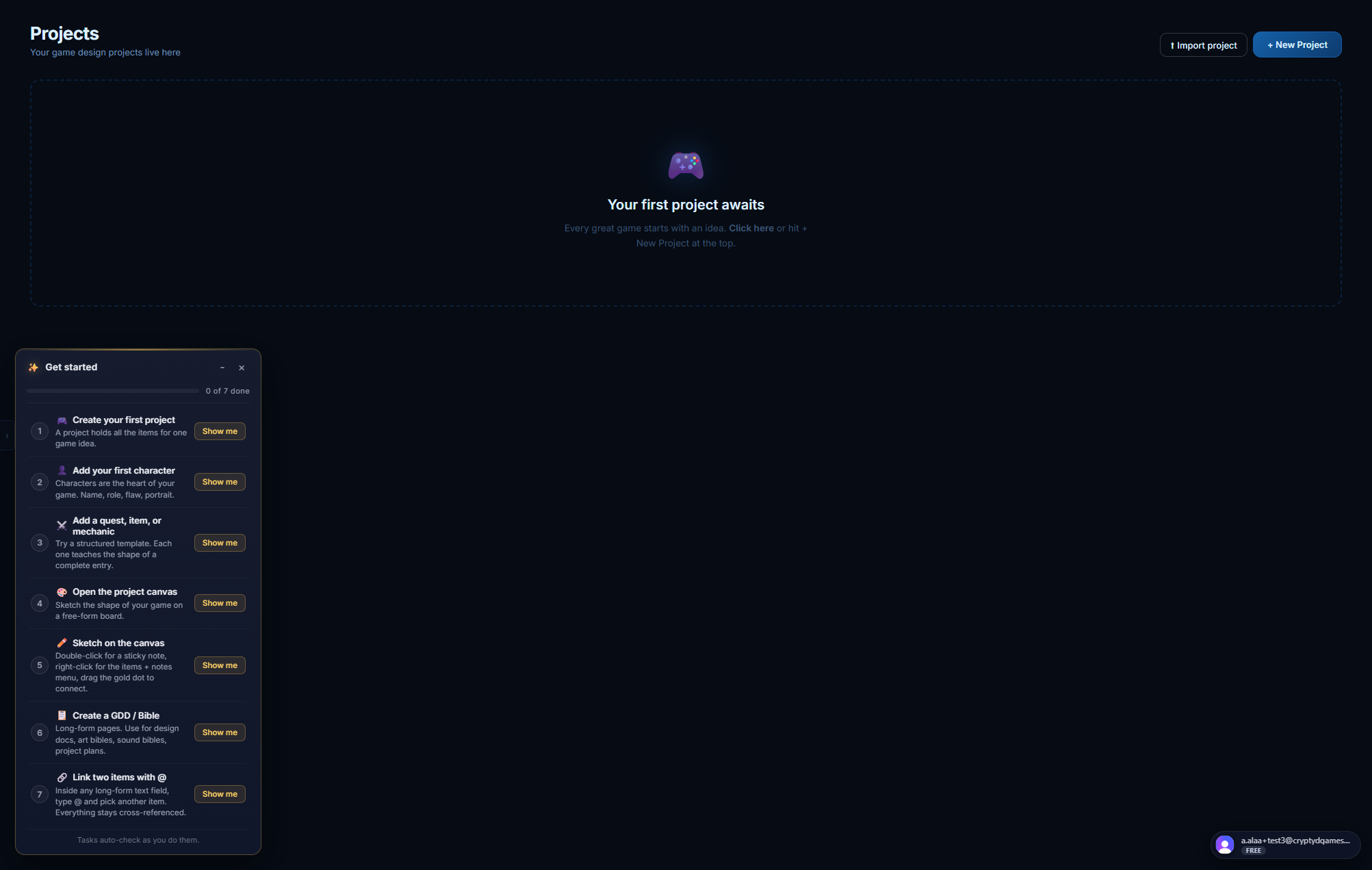 Projects hub on a brand-new account. The grid has a single large empty-state card titled 'Your first project awaits' inviting the user to click + New Project. The sidebar's Projects list reads 'No projects yet'.