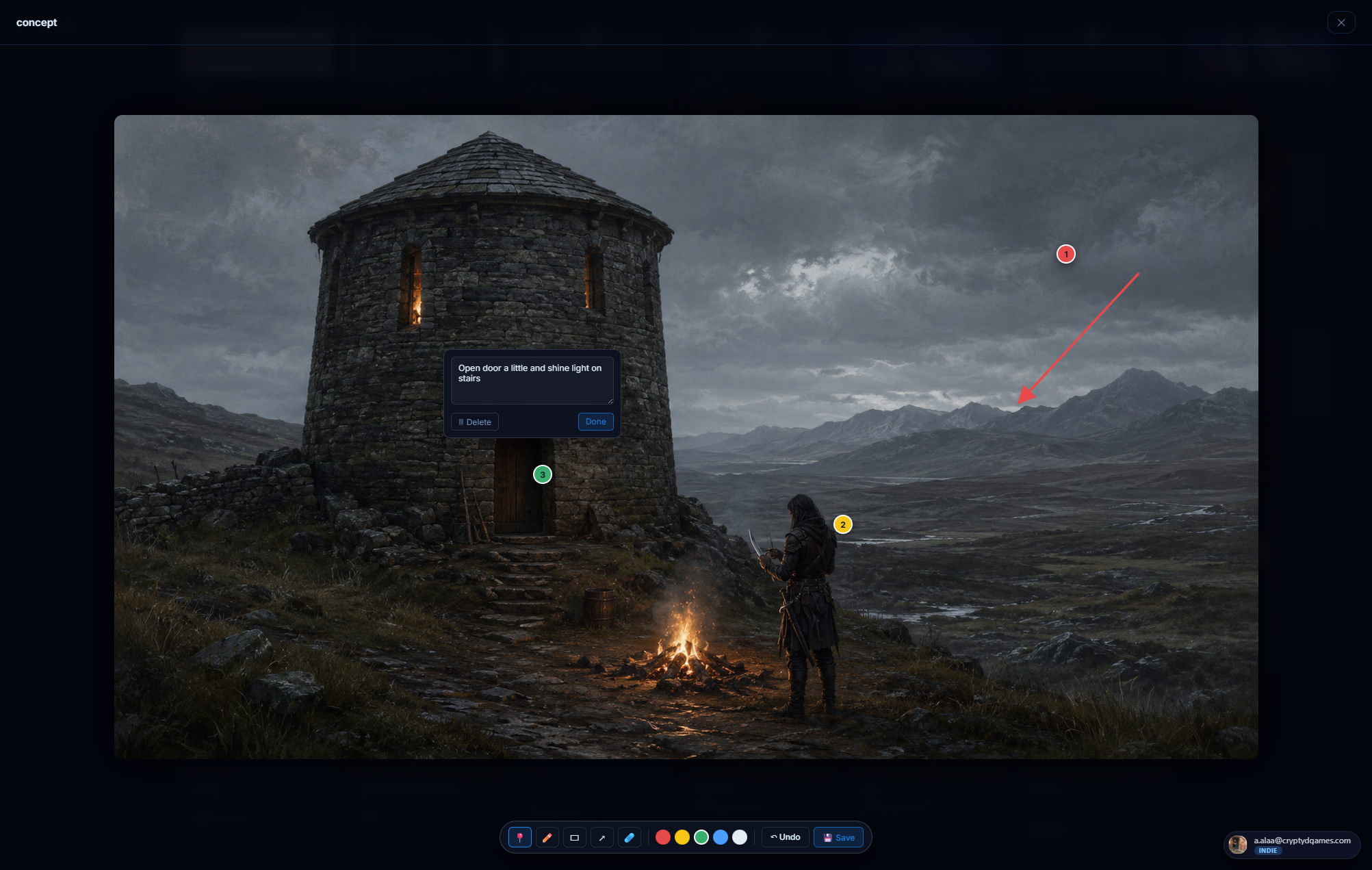 Image viewer with the annotator overlay active. A character concept-art shot has numbered red pins on the sword and shoulder armor, a freehand orange arrow pointing at the helmet, and a yellow rectangle around the boots. The annotator toolbar runs along the bottom with the five drawing tools and the color swatches.