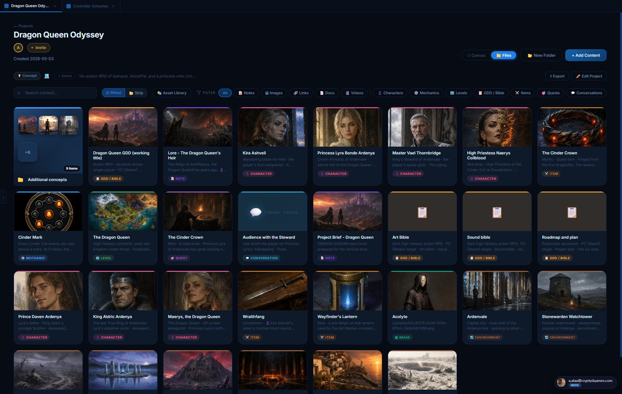 Inside a project's hub view with the content fully populated. Cards for characters, environments, items, quests, mechanics, levels, GDDs, and notes are laid out in a grid; type filter pills run across the top; the sidebar lists every project the user owns. Each card uses its content type's color and shows a thumbnail.