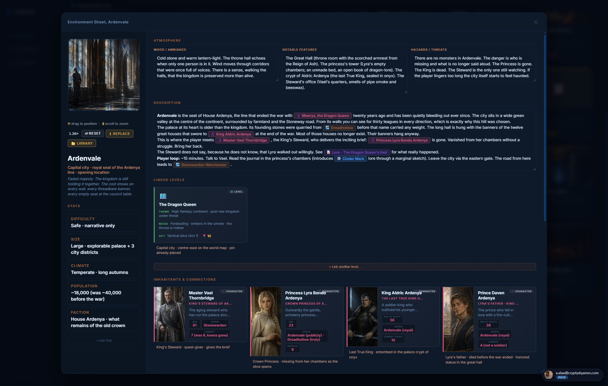 Environment sheet open for Ardenvale. Top of the sheet shows the cover image as a wide banner; below it are the title, atmosphere line, and long description. To the right, three sienna-bordered connection panels list the linked levels, inhabitants (characters that live there), and neighboring environments.