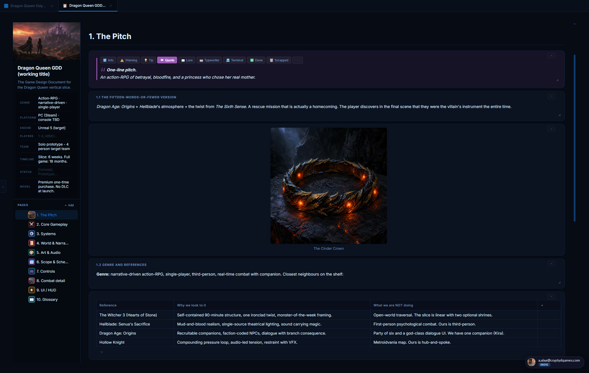 GDD editor in three columns. Left column is the pages navigator with chapter links. Center column is the active page showing a cover image at the top followed by mixed blocks: a heading, a long paragraph, a bullet list, and a referenced item card. Right column lists block templates ready to drag onto the page.