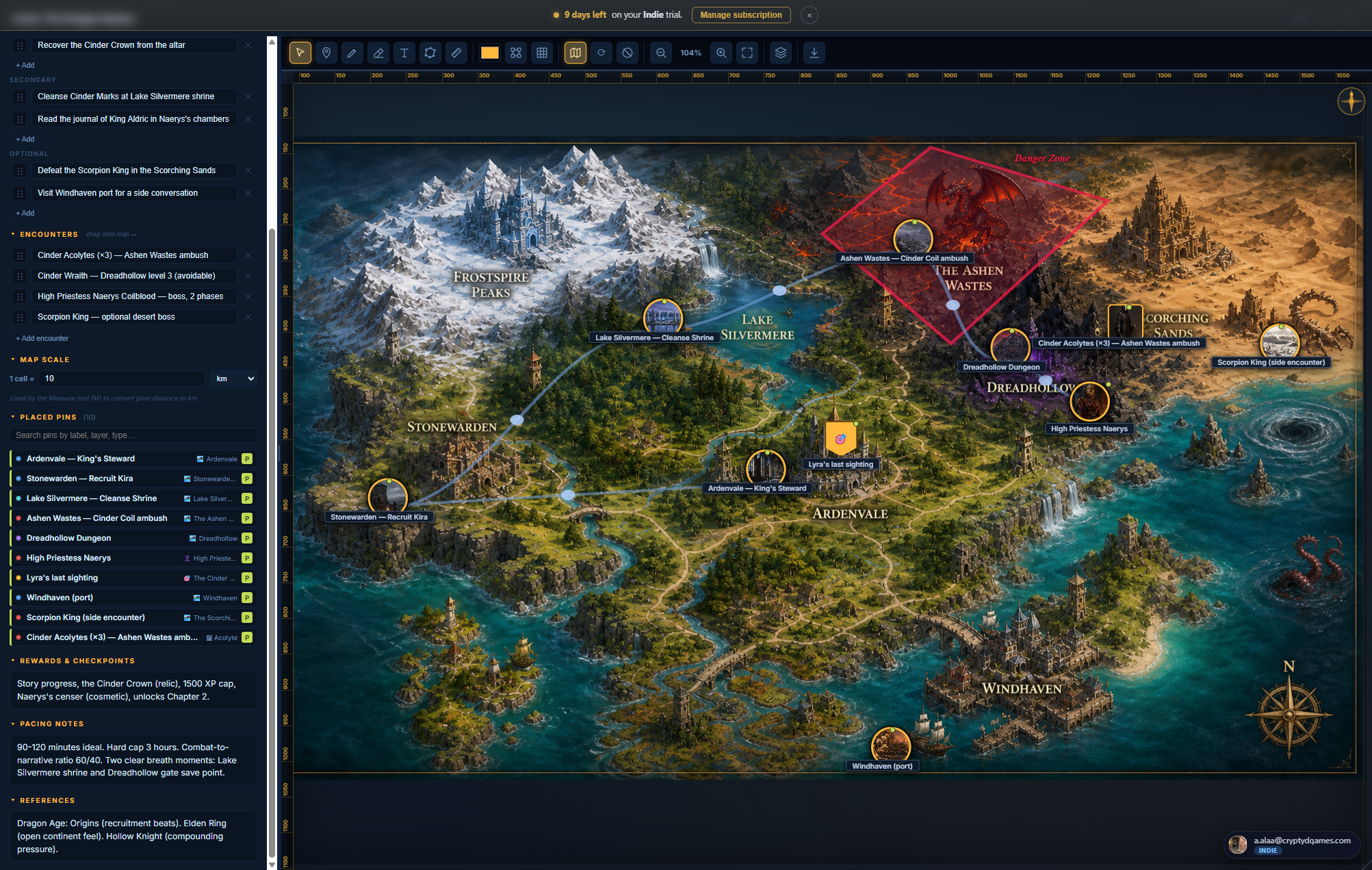 Level editor open on a fantasy continent map. The map fills the center; numbered pins mark cities, watchtowers, and encounter points. A few environment pins render as landscape rectangles showing the linked environment's cover art instead of a circle. A right-side Pin List shows every pin's title and type.