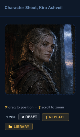 Character portrait at the top of a sheet with the cropper tools floating below it: a Reset arrow, a Replace upload button, a From-library picker, and a remove button. The portrait shows a framed face that stays framed everywhere the character appears.